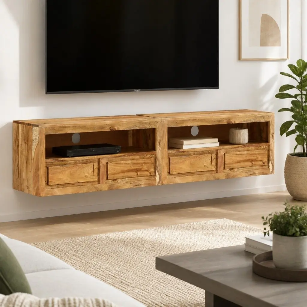 TV Cabinet 88x30x40 cm Solid Wood Acacia Stand Unit Lowboard Storage Drawers