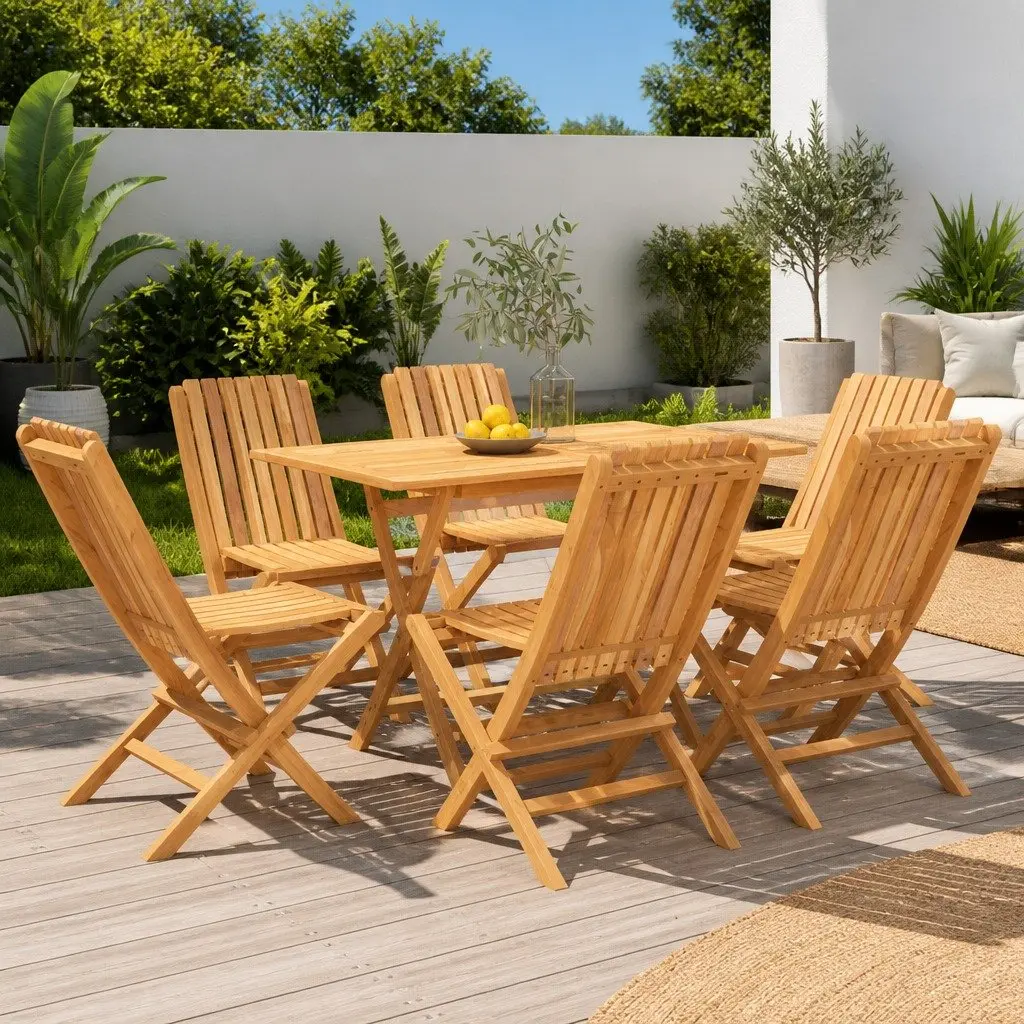 7 Piece Outdoor Dining Set Teak Wood Foldable Table and Chairs Brown
