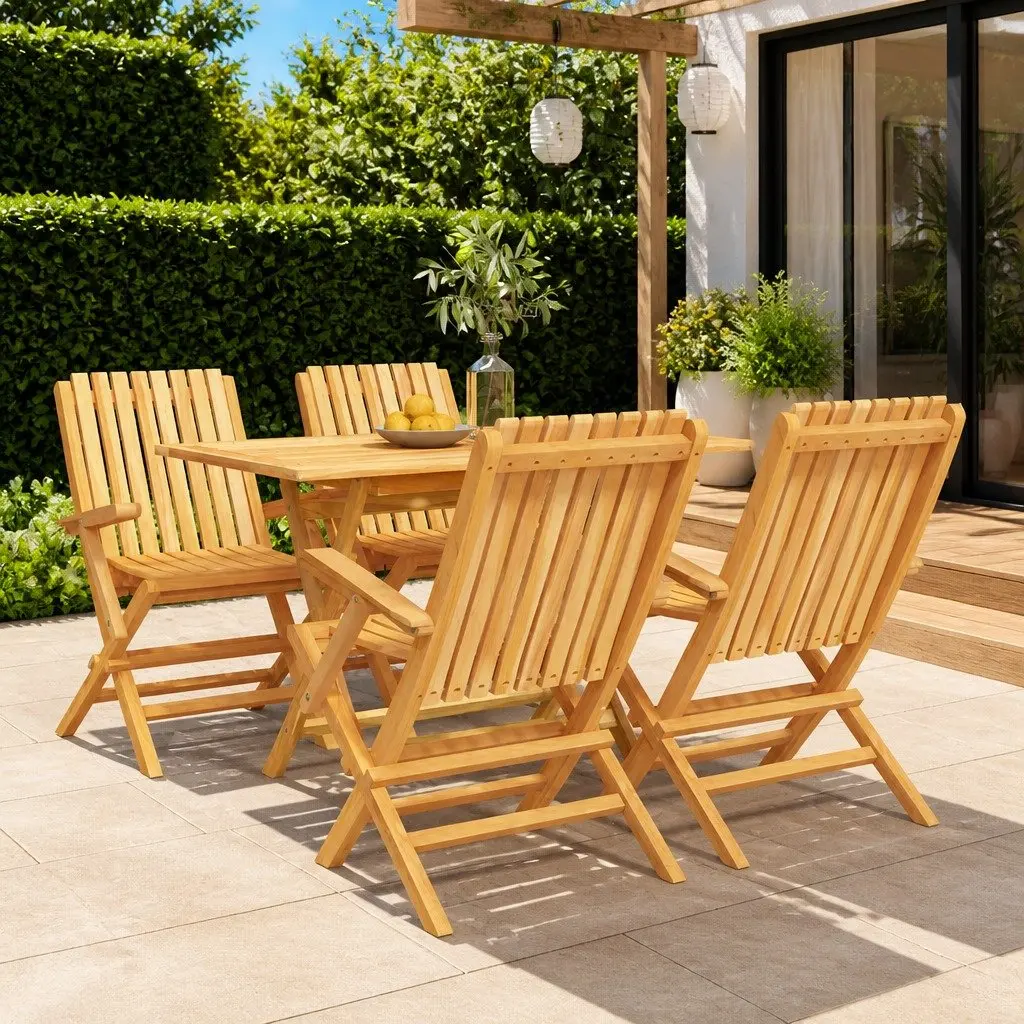5 Piece Outdoor Dining Set Solid Teak Wood Brown Patio Table and Slatted Chairs