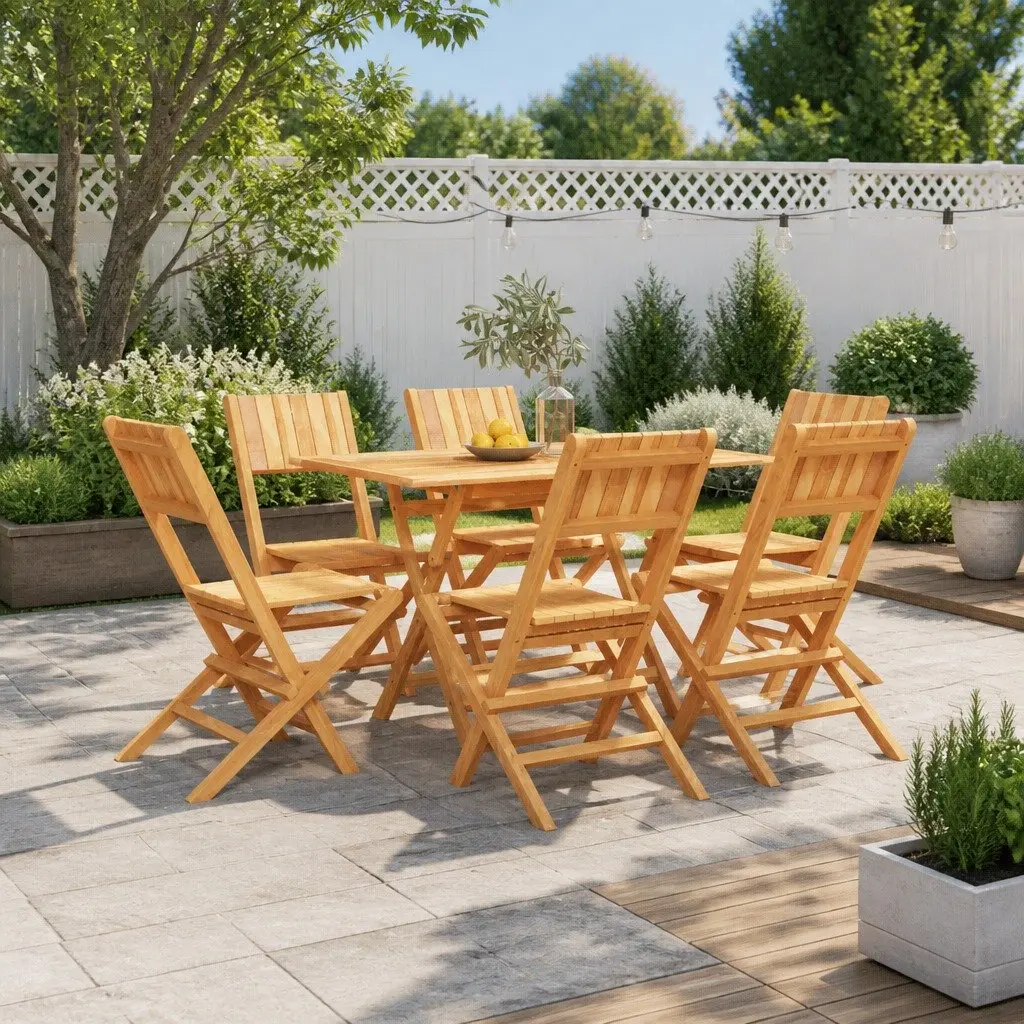7 Piece Outdoor Garden Dining Set Solid Teak Wood Folding Table Brown Backrest Chairs Parasol Hole