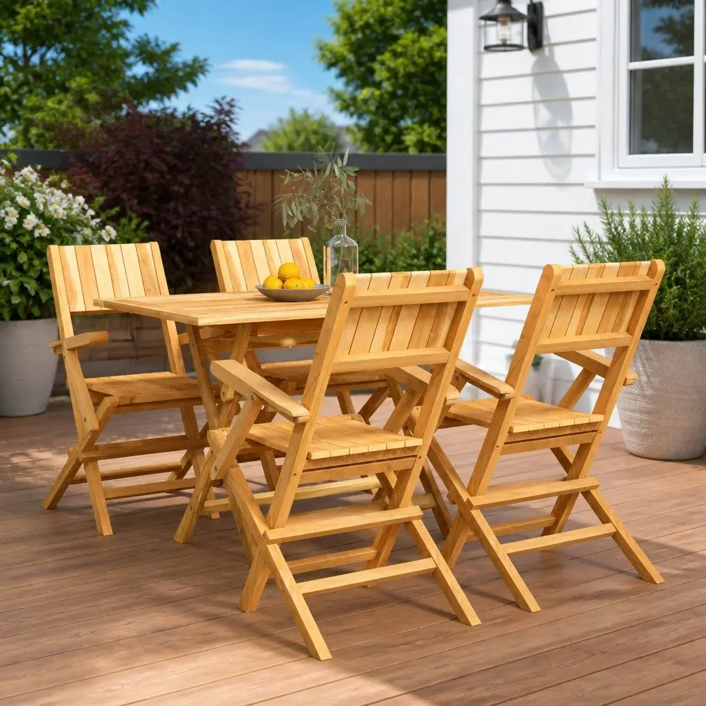 Garden Dining Set Teak Wood 5 Piece Outdoor Furniture Table Chairs Brown