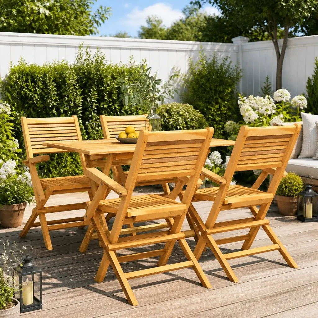 5 Piece Outdoor Dining Set Teak Wood Table Chairs Brown