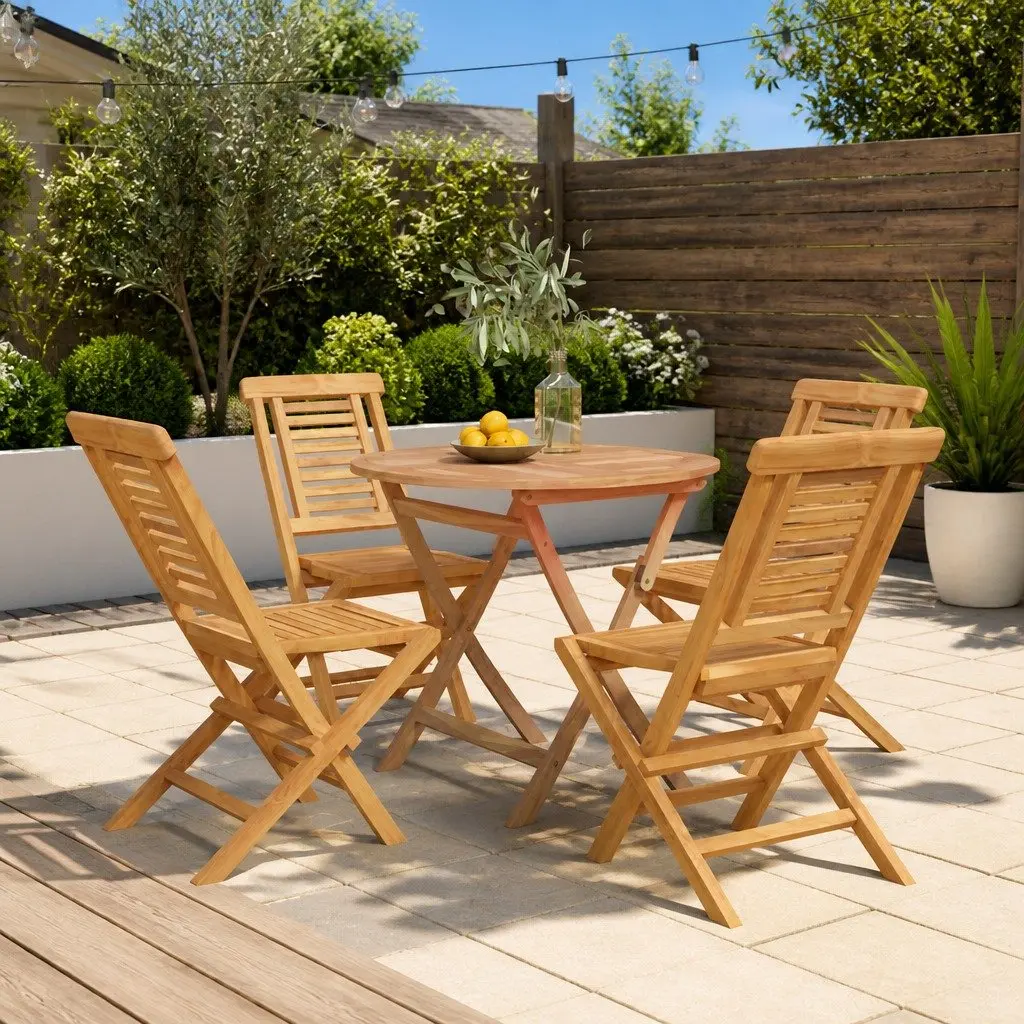 5 Piece Garden Dining Set Teak Wood Foldable Brown