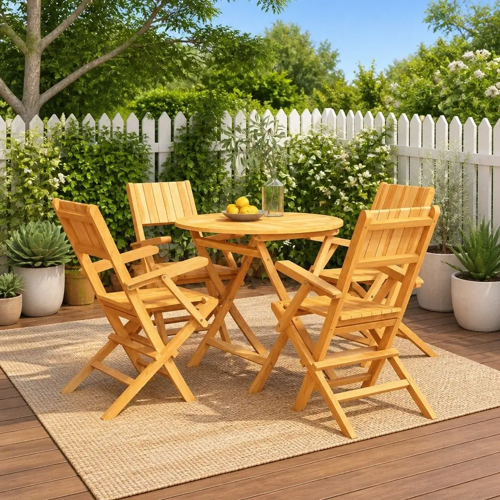 5 Piece Garden Dining Set Solid Teak Wood Foldable Chairs Table Brown