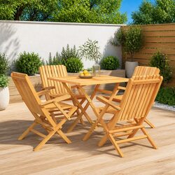 5 Piece Garden Dining Set Outdoor Furniture Teak Wood Table Chairs Brown