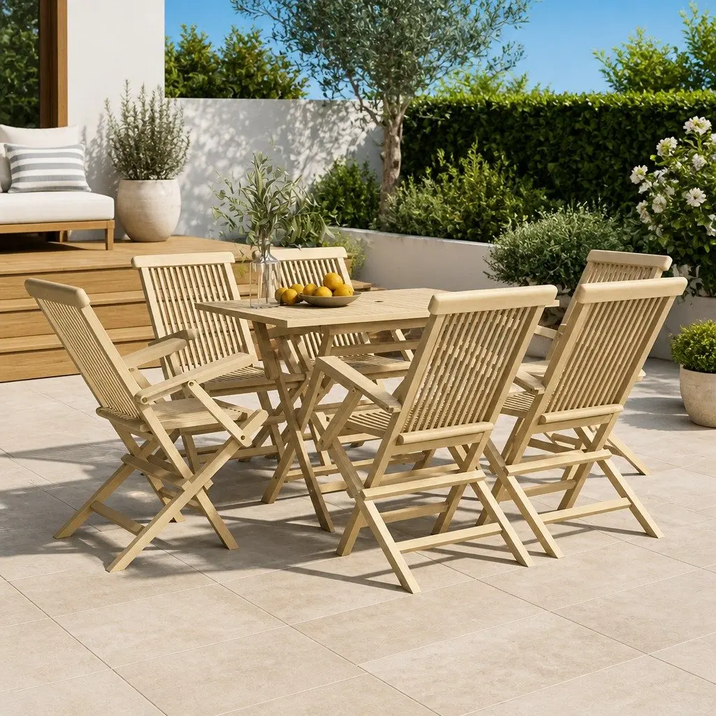 7 Piece Garden Dining Set Grey Solid Teak Wood Outdoor Furniture Table Chairs