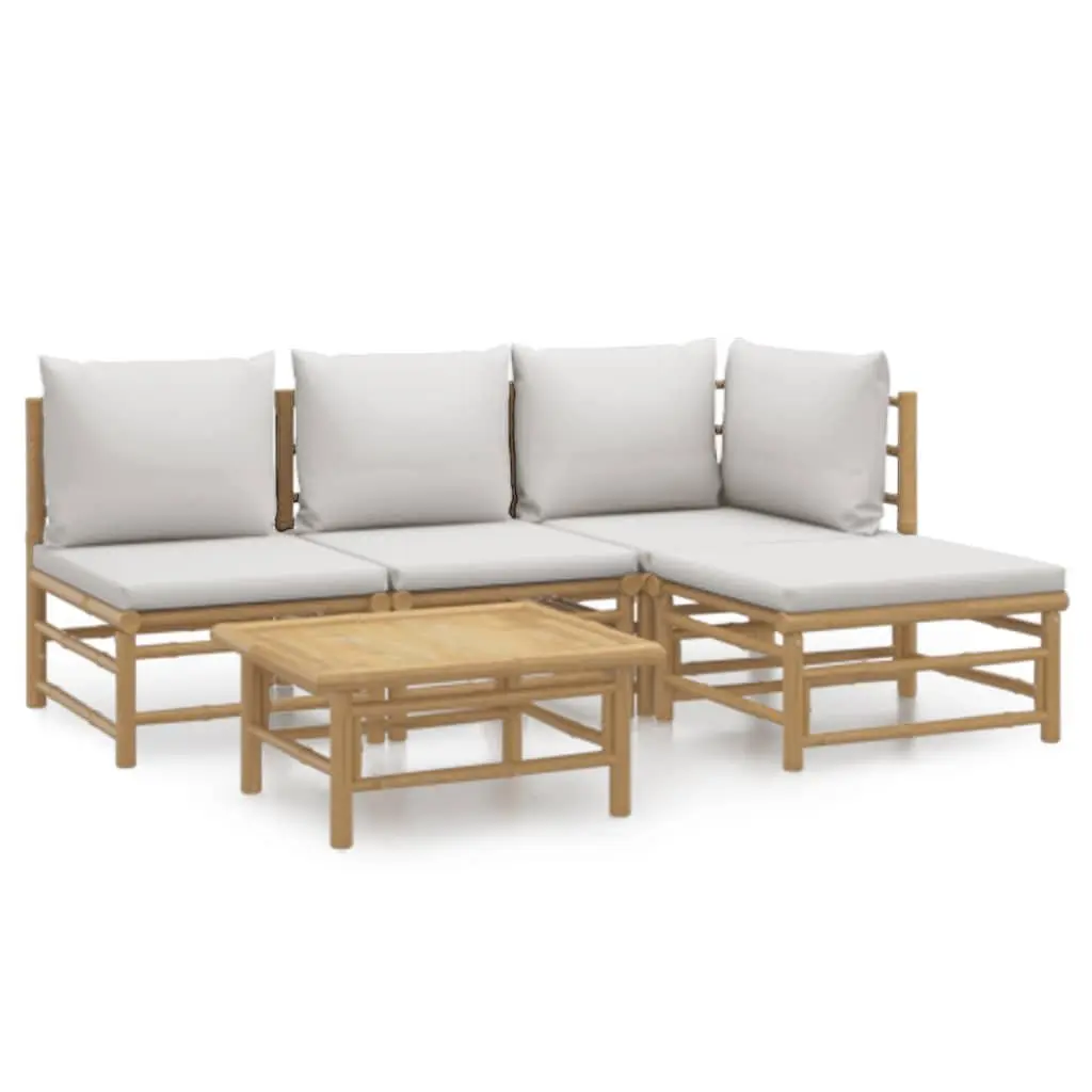 5 Piece Bamboo Garden Lounge Set Outdoor Furniture Brown with Light Grey Cushions