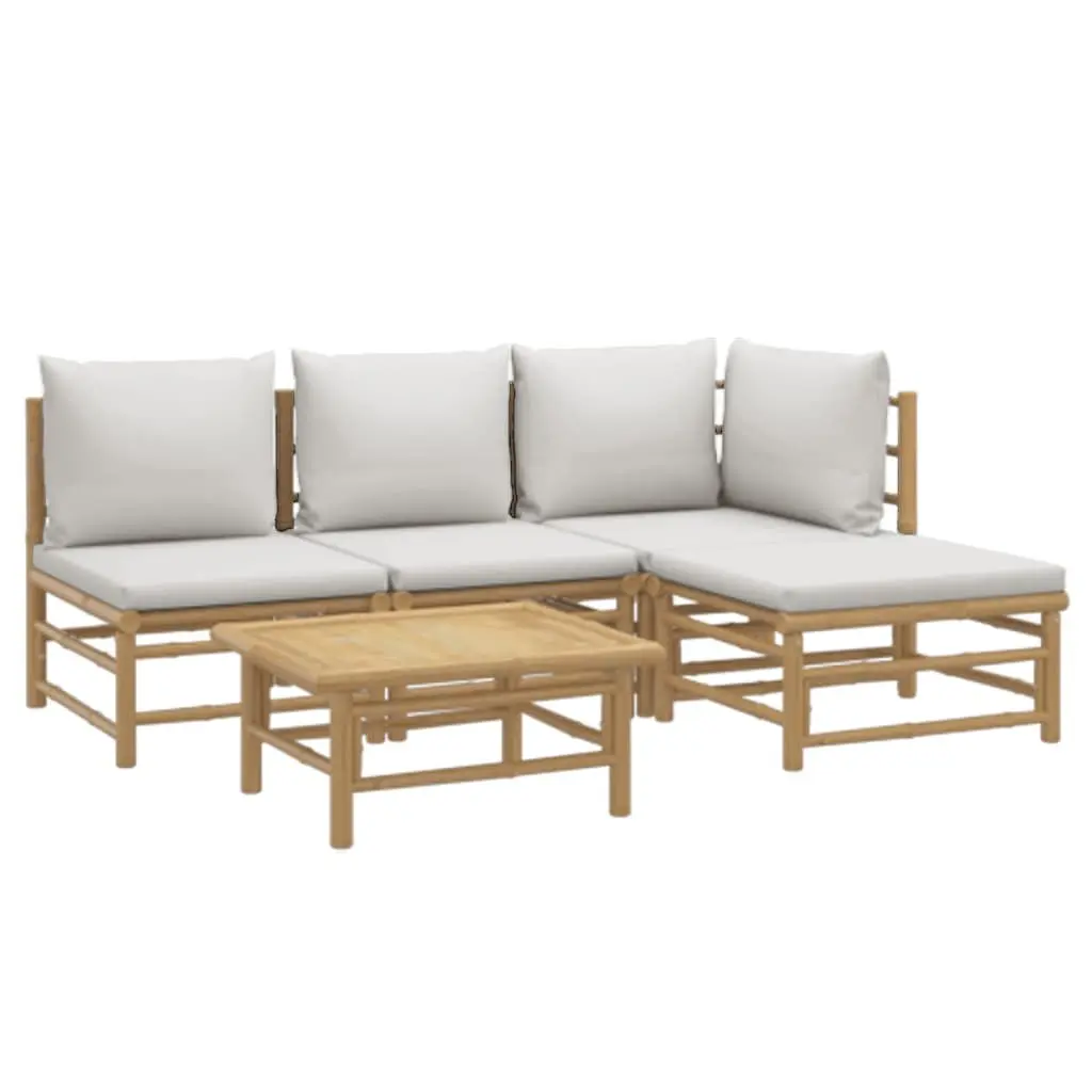 5 Piece Bamboo Garden Lounge Set Outdoor Furniture Brown with Light Grey Cushions