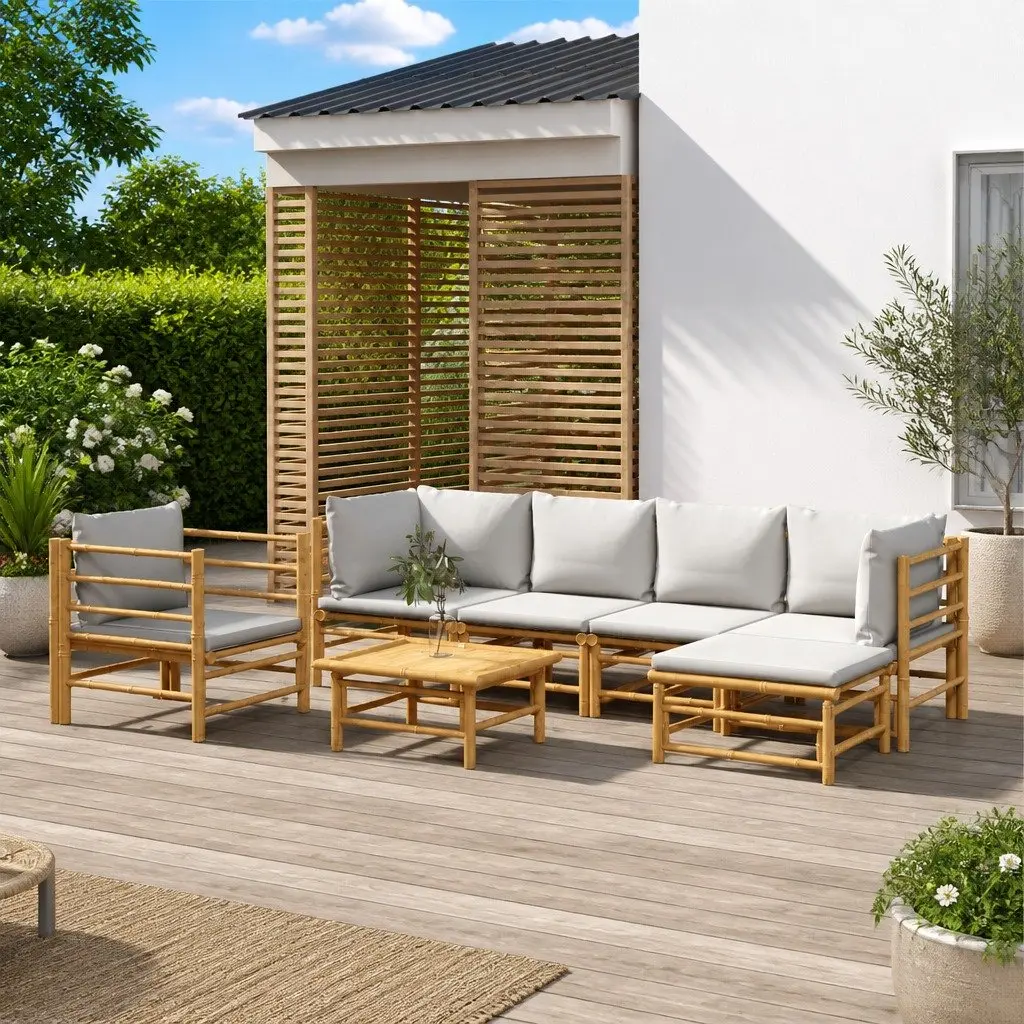 7 Piece Bamboo Garden Lounge Set Modular Outdoor Furniture with Light Grey Cushions