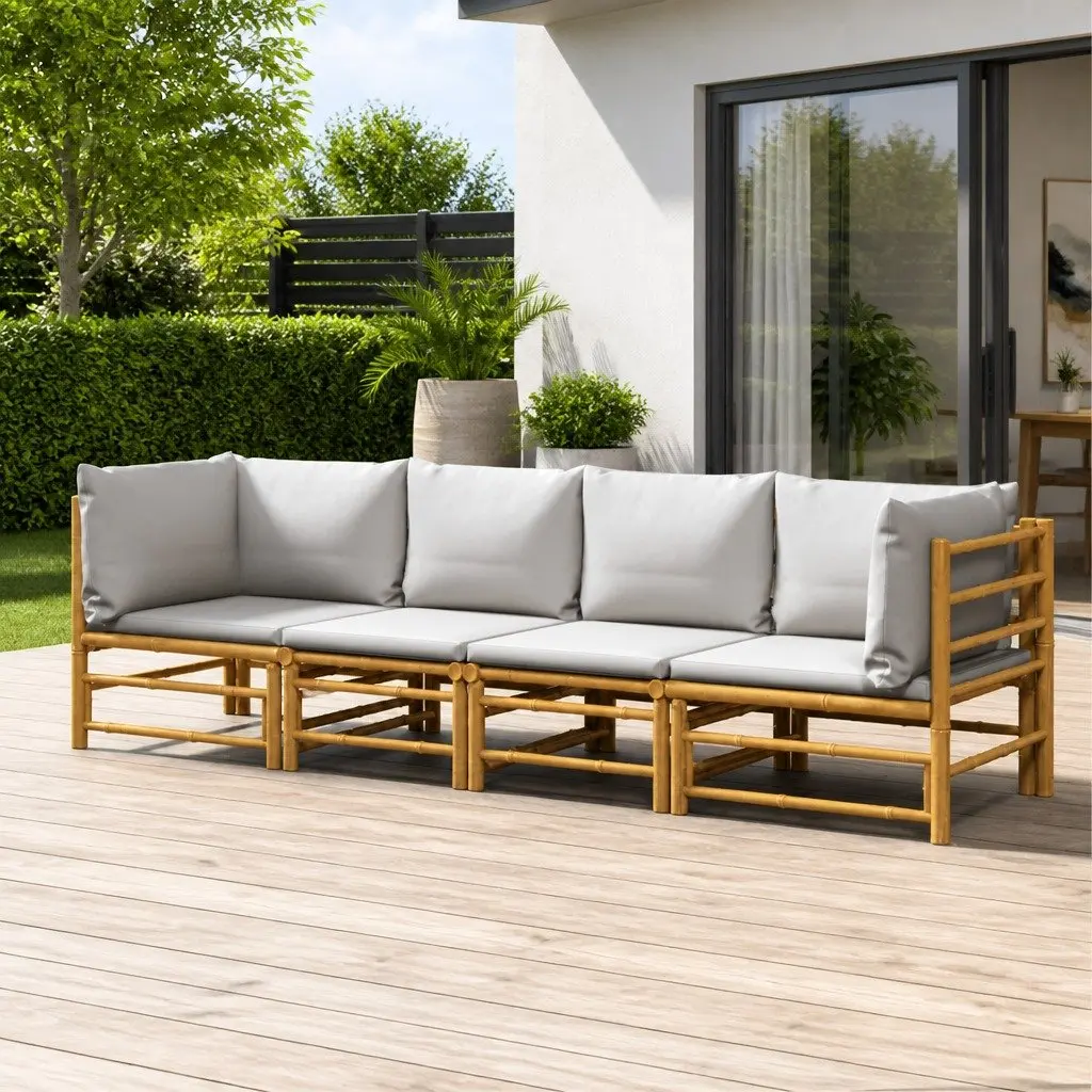 4 Piece Bamboo Garden Lounge Set Modular Outdoor Furniture Brown with Light Grey Cushions