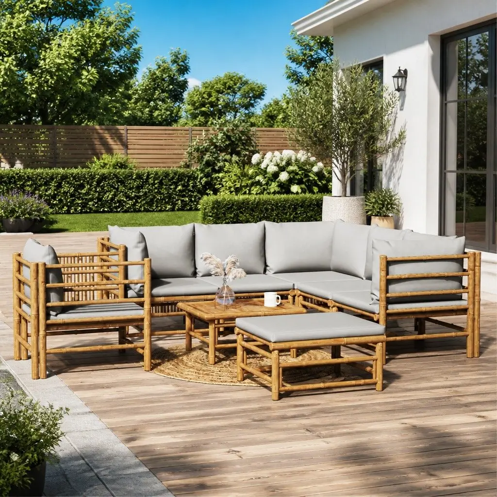 Bamboo Outdoor Furniture 8 Piece Modular Garden Lounge Set with Cushions Brown