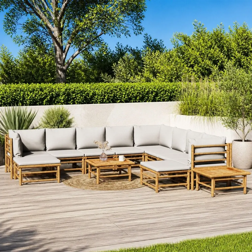 Bamboo Garden Lounge Set Modular 12 Piece Outdoor Furniture Light Grey Cushions Brown Frame