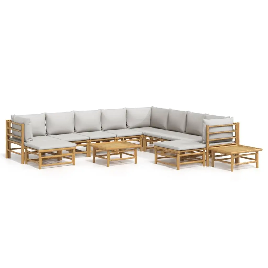 Bamboo Garden Lounge Set Modular 12 Piece Outdoor Furniture Light Grey Cushions Brown Frame