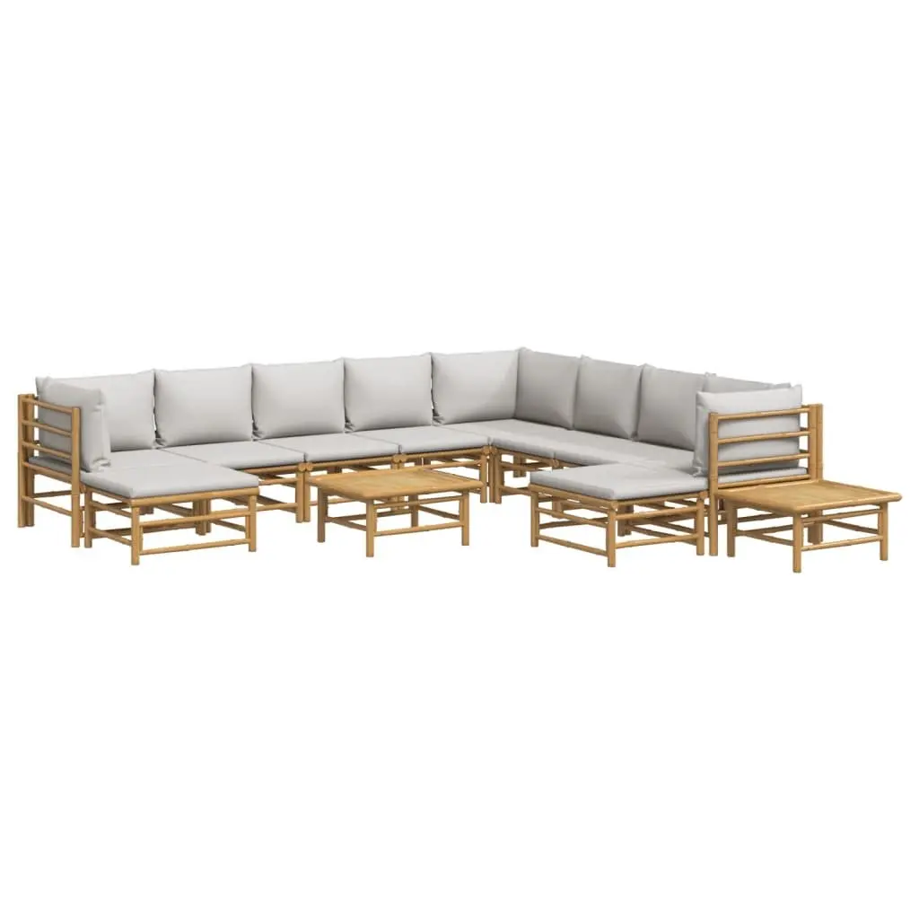Bamboo Garden Lounge Set Modular 12 Piece Outdoor Furniture Light Grey Cushions Brown Frame