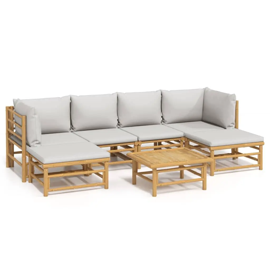 Modular7PieceBambooOutdoorLoungeSetwithBrownFrameandLightGreyCushions
