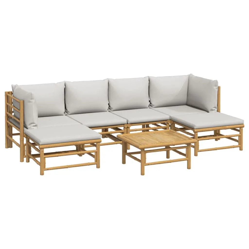 Modular7PieceBambooOutdoorLoungeSetwithBrownFrameandLightGreyCushions