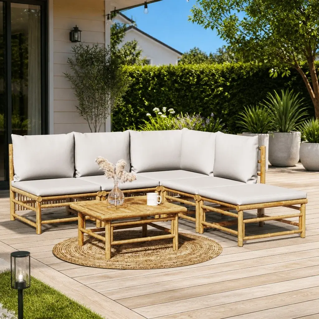 6 Piece Bamboo Outdoor Garden Lounge Set Modular Patio Sofa with Cushions Brown