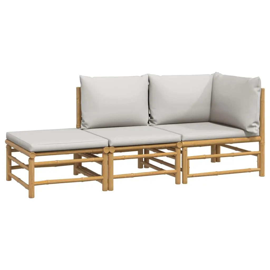 3 Piece Bamboo Garden Lounge Set Outdoor Furniture Sofa with Light Grey Cushions and Table