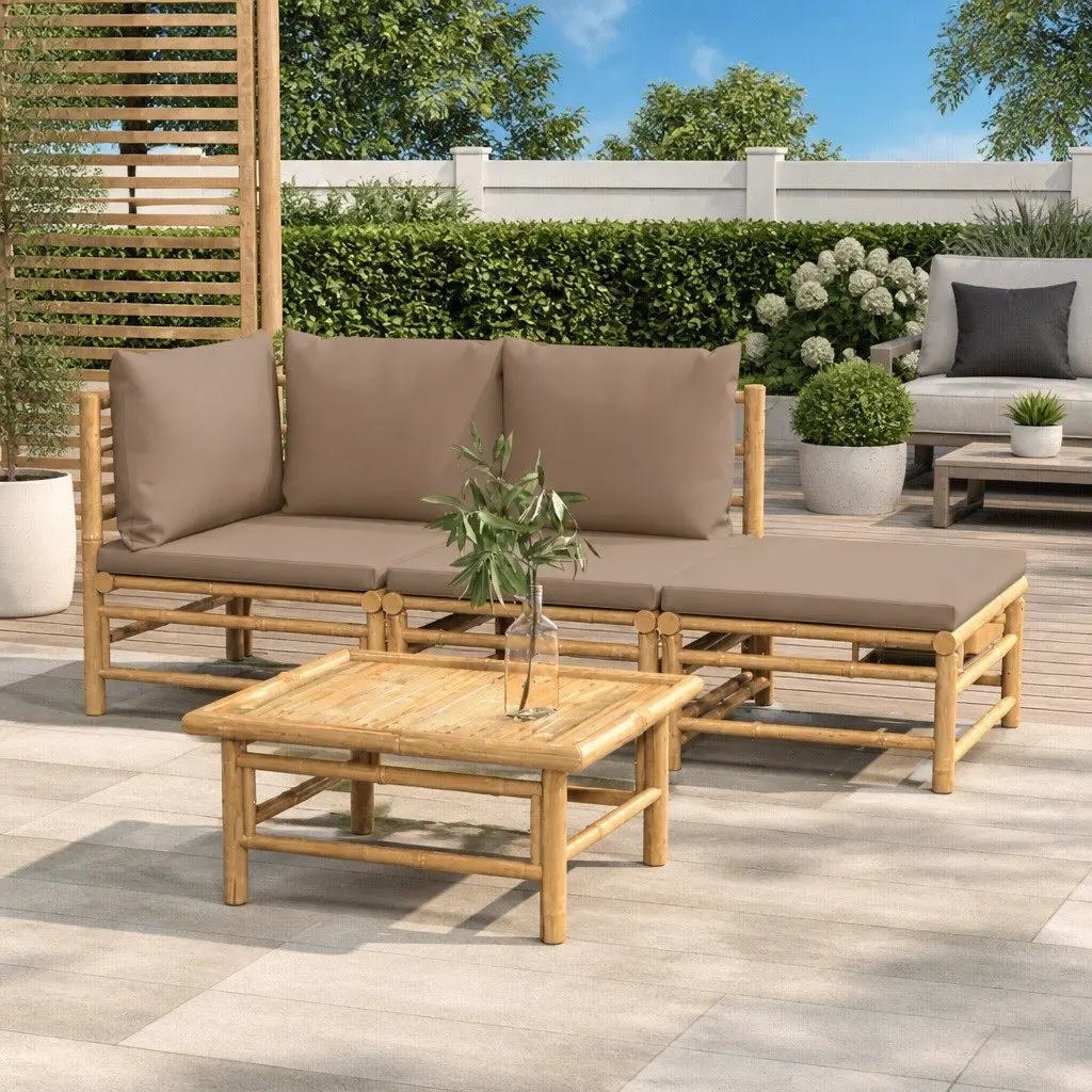 4 Piece Bamboo Outdoor Lounge Set Garden Furniture Sofa Table with Taupe Cushions