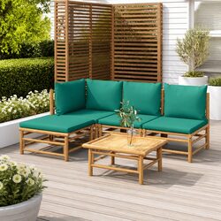 5 Piece Bamboo Garden Lounge Set Outdoor Furniture with Green Cushions Brown