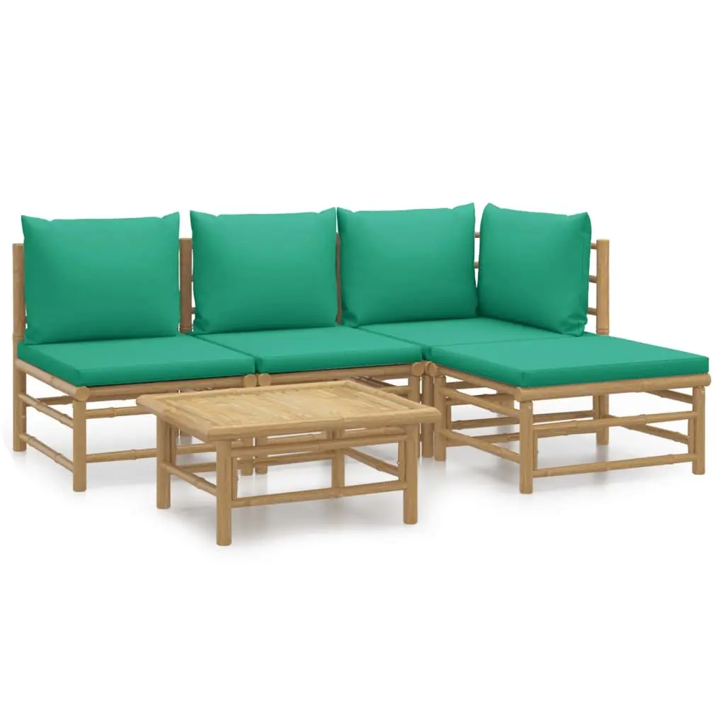 5 Piece Bamboo Garden Lounge Set Outdoor Furniture Brown with Green Cushions