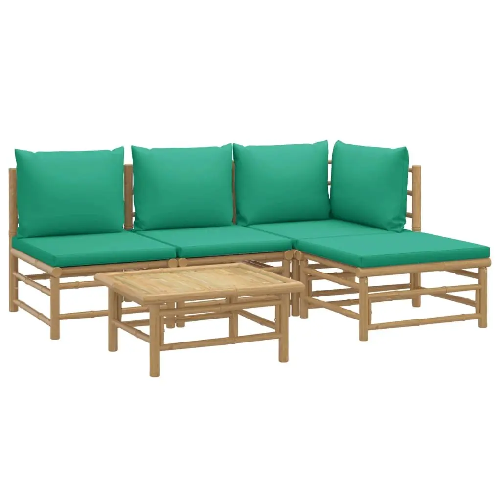 5 Piece Bamboo Garden Lounge Set Outdoor Furniture Brown with Green Cushions