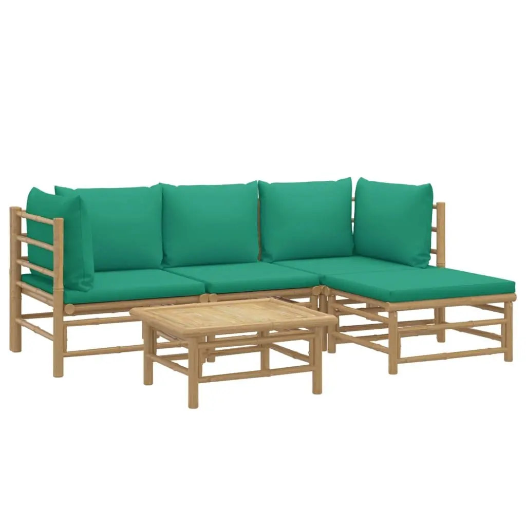 5 Piece Modular Bamboo Outdoor Lounge Set with Brown Frame and Green Cushions for Garden Furniture
