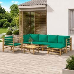 7 Piece Bamboo Garden Lounge Set Outdoor Furniture with Green Cushions Brown