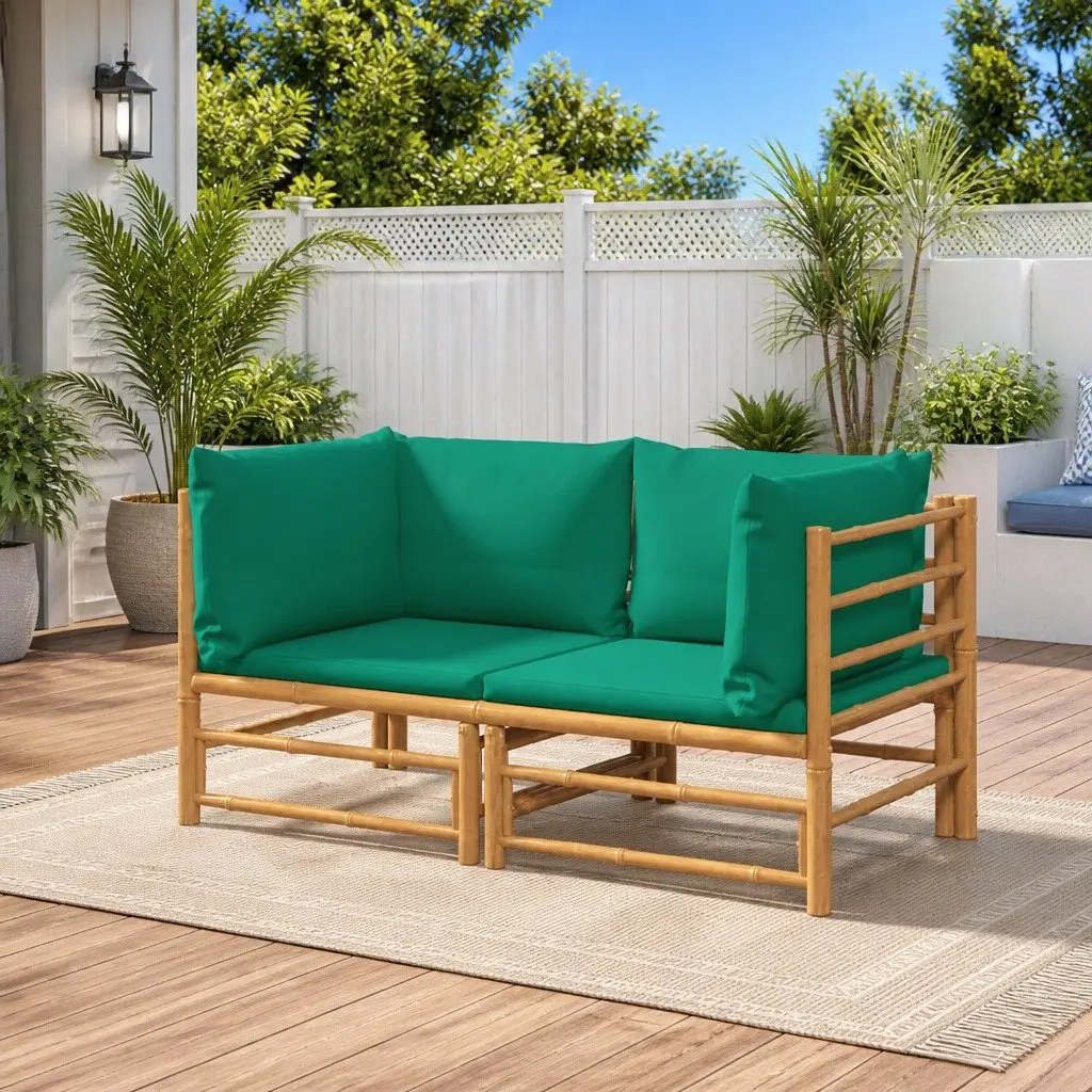 Bamboo Outdoor Corner Sofa Set 2 Pieces Brown with Cushions Green