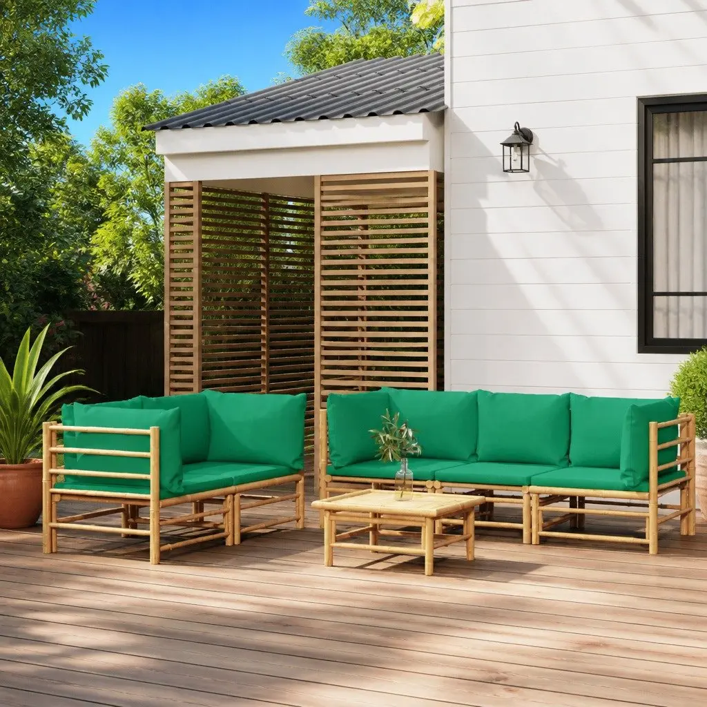 6 Piece Bamboo Garden Lounge Set Outdoor Furniture Brown with Green Cushions
