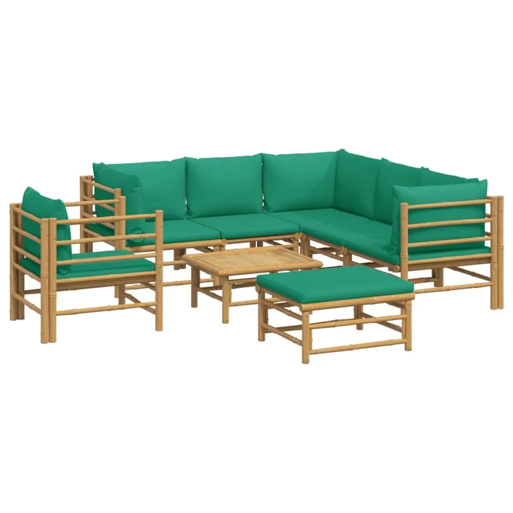 8 Piece Modular Outdoor Bamboo Lounge Set Brown with Green Cushions