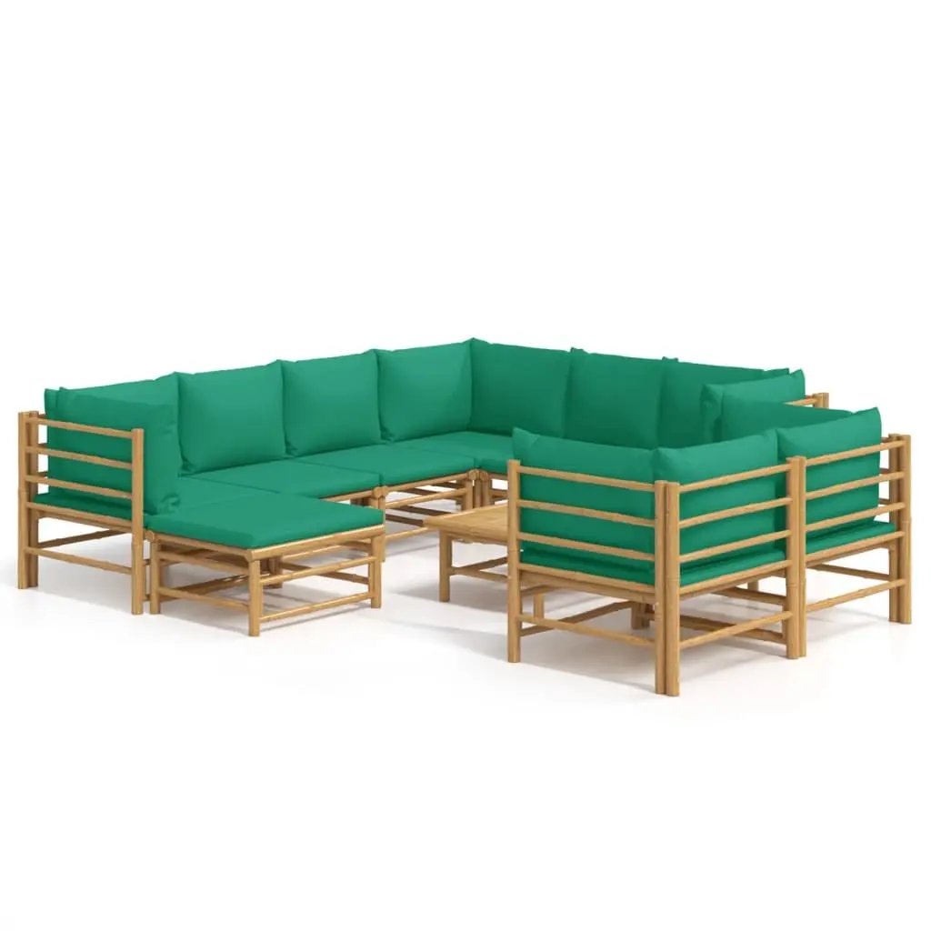 10-Piece Bamboo Lounge Set with Green Cushions