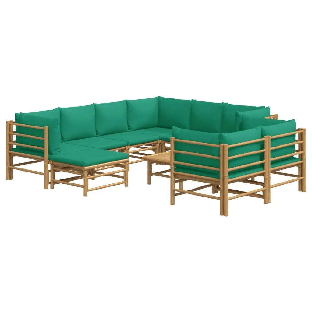 10-Piece Bamboo Lounge Set with Green Cushions