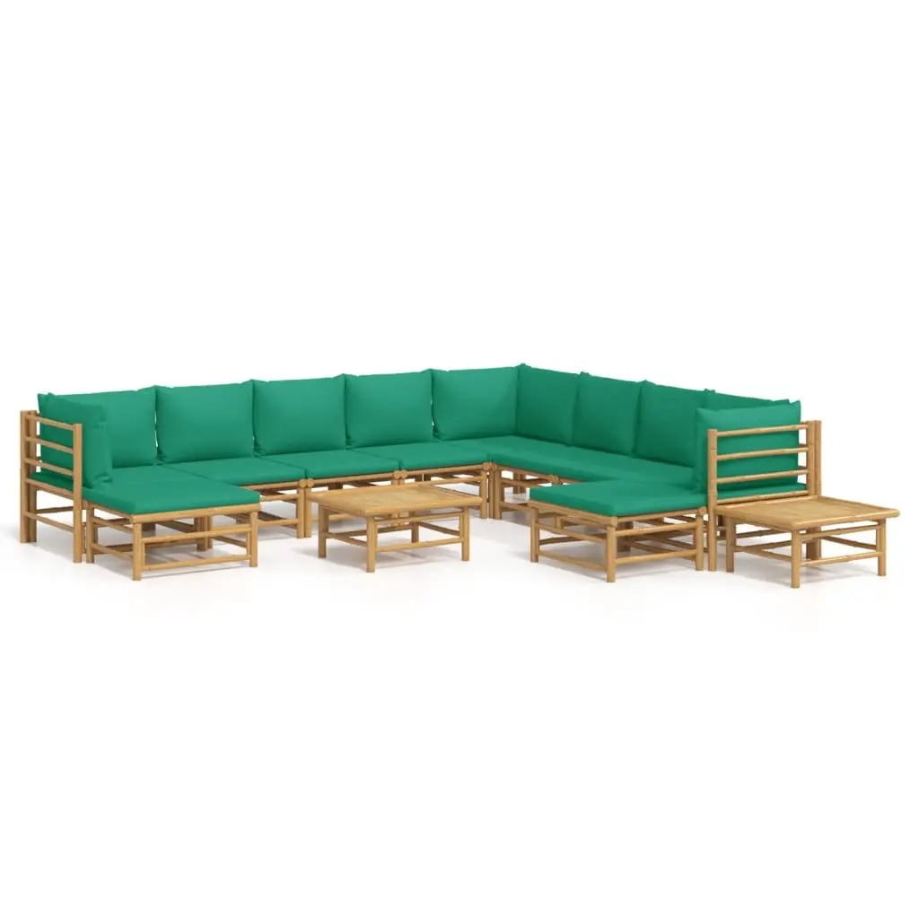 12 Piece Bamboo Garden Lounge Set Outdoor Furniture Brown with Green Cushions