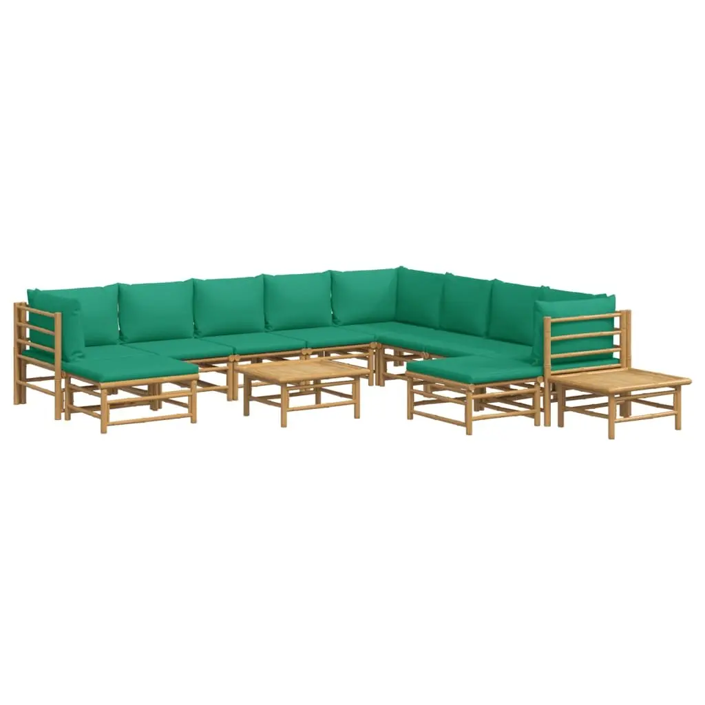 12 Piece Bamboo Garden Lounge Set Outdoor Furniture Brown with Green Cushions