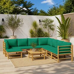 9 Piece Bamboo Garden Lounge Set Outdoor Furniture with Green Cushions Brown