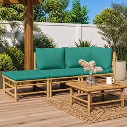 3 Piece Bamboo Garden Lounge Set Outdoor Furniture with Green Cushions Brown