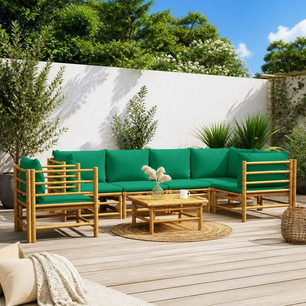 7 Piece Outdoor Lounge Set Bamboo Construction Brown with Green Cushions Modular Patio Furniture