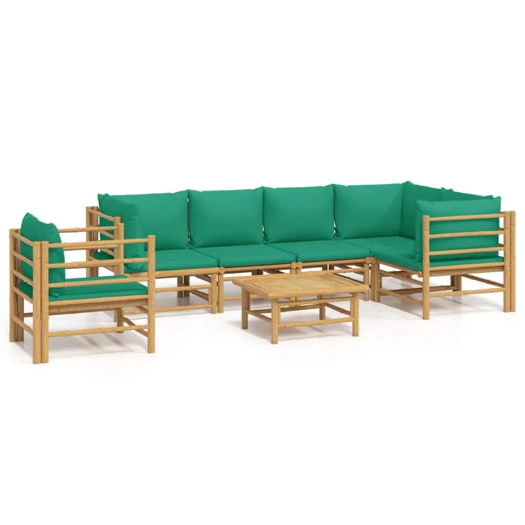 7 Piece Outdoor Lounge Set Bamboo Construction Brown with Green Cushions Modular Patio Furniture