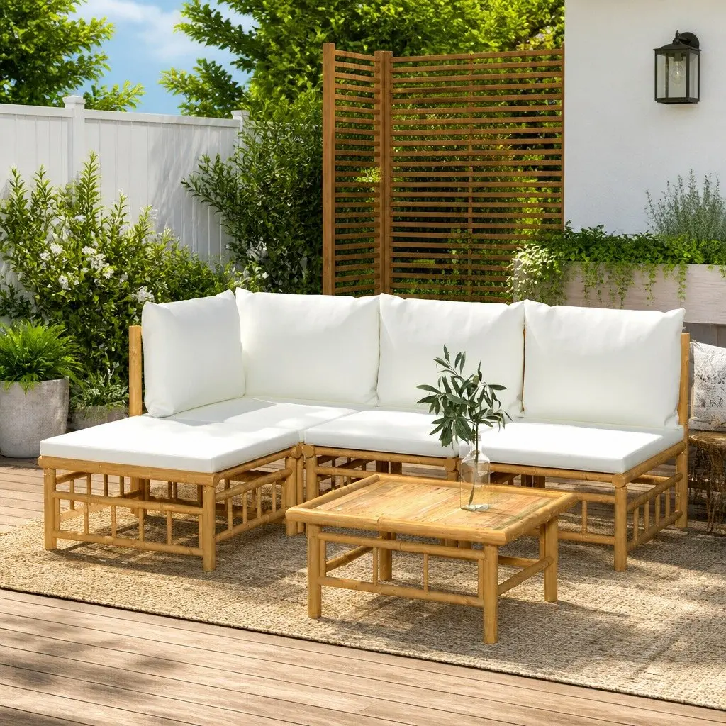 5 Piece Bamboo Garden Lounge Set Modular Outdoor Furniture with Cream Cushions Brown