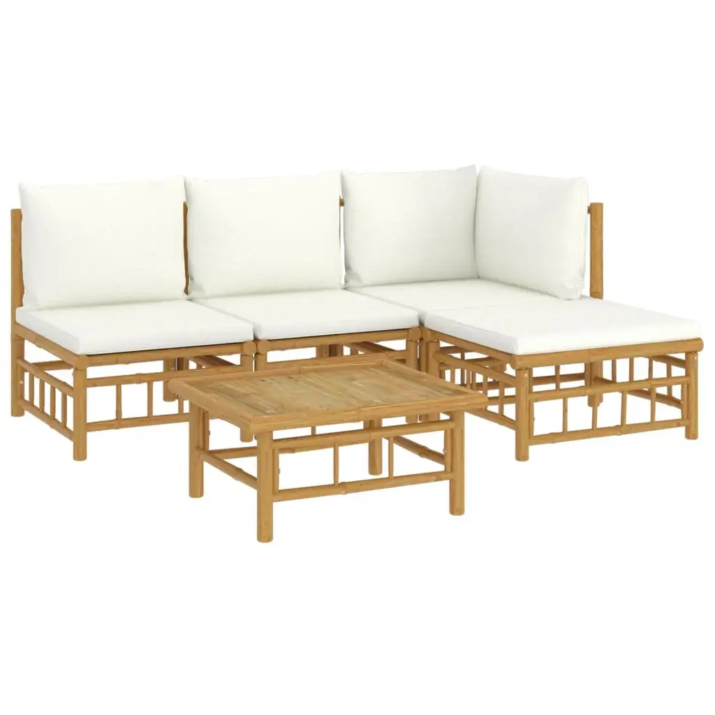 5 Piece Bamboo Garden Lounge Set Modular Outdoor Furniture with Cream Cushions Brown