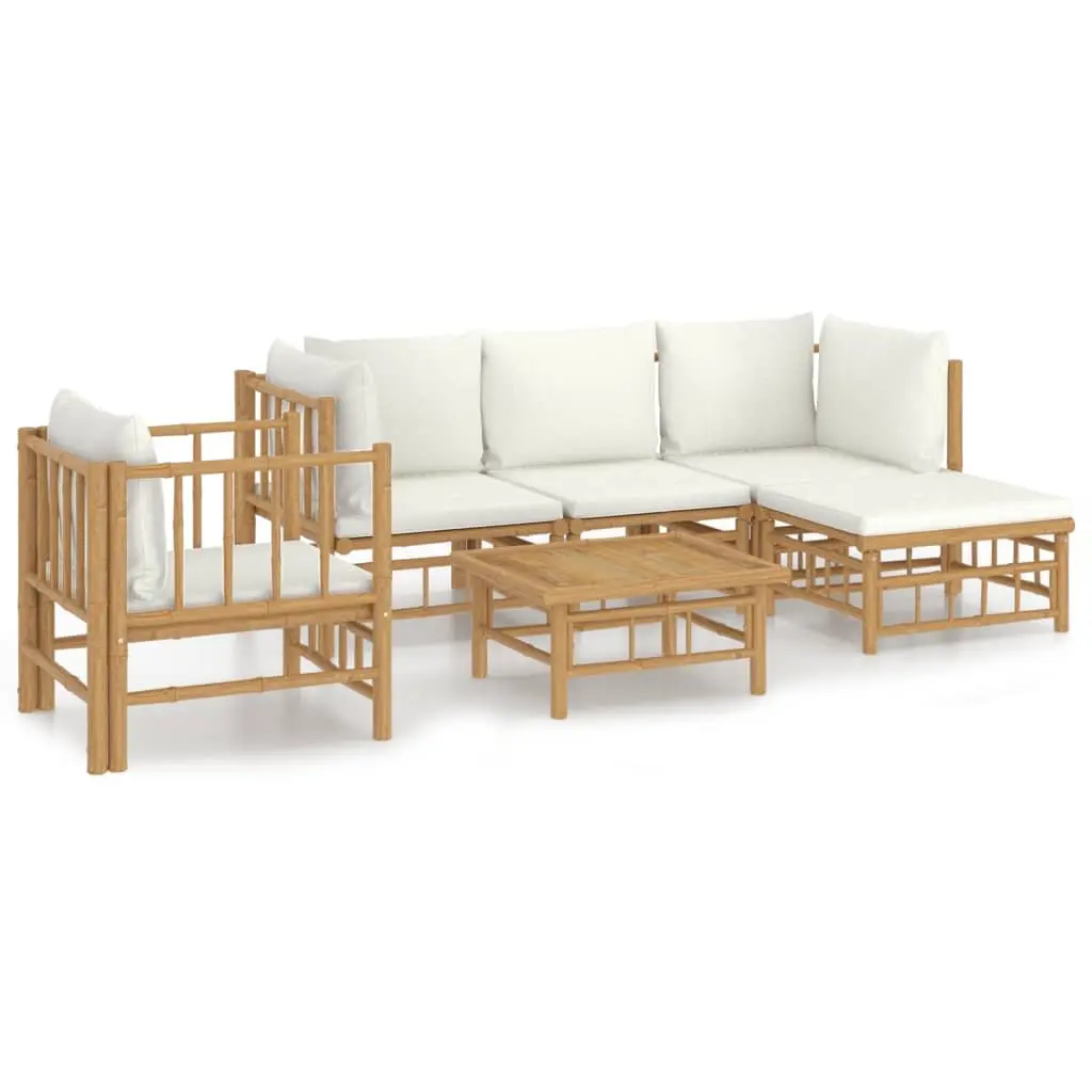 Garden Lounge Set Bamboo Modular 6 Piece Outdoor Furniture Brown with Cream White Cushions