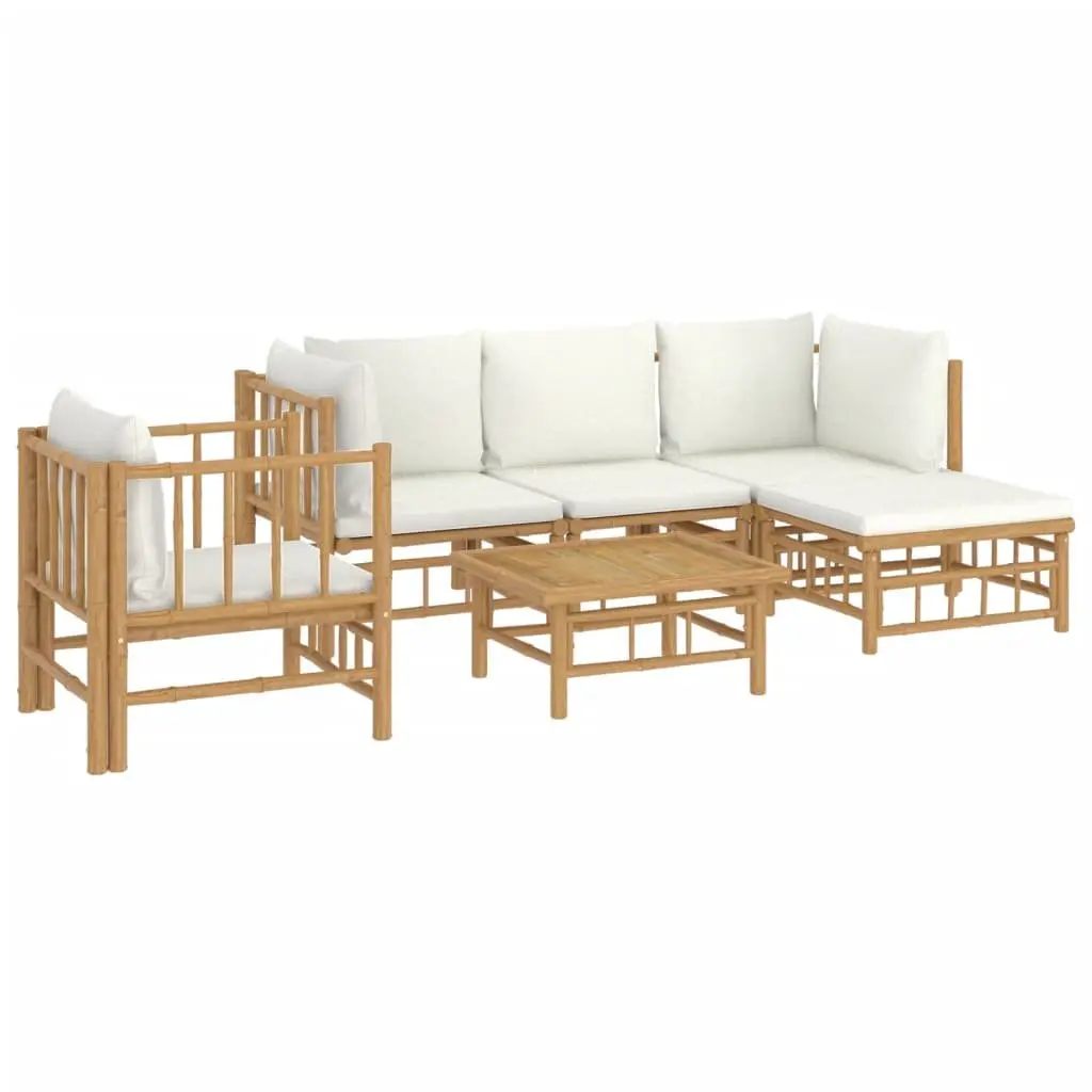 Garden Lounge Set Bamboo Modular 6 Piece Outdoor Furniture Brown with Cream White Cushions