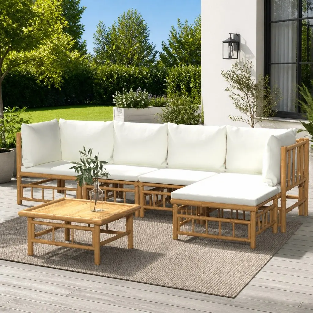6 Piece Bamboo Modular Sectional Garden Lounge Set Outdoor Furniture Brown Cream White