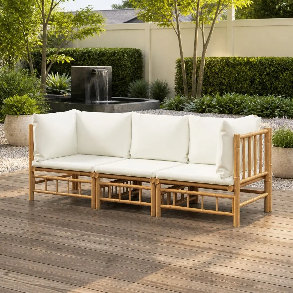 3 Piece Bamboo Garden Lounge Set Outdoor Furniture Brown with Cream Cushions
