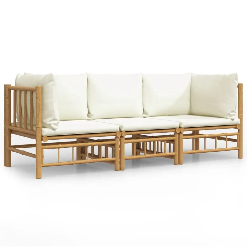 3 Piece Bamboo Garden Lounge Set Outdoor Furniture Brown with Cream Cushions
