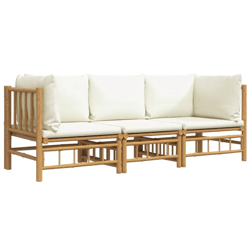 3 Piece Bamboo Garden Lounge Set Outdoor Furniture Brown with Cream Cushions
