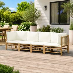 4 Piece Bamboo Garden Lounge Set Outdoor Furniture with Cream Cushions Brown