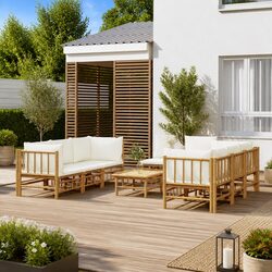 Garden Lounge Set 9 Piece Bamboo Outdoor Furniture with Cream Cushions Brown