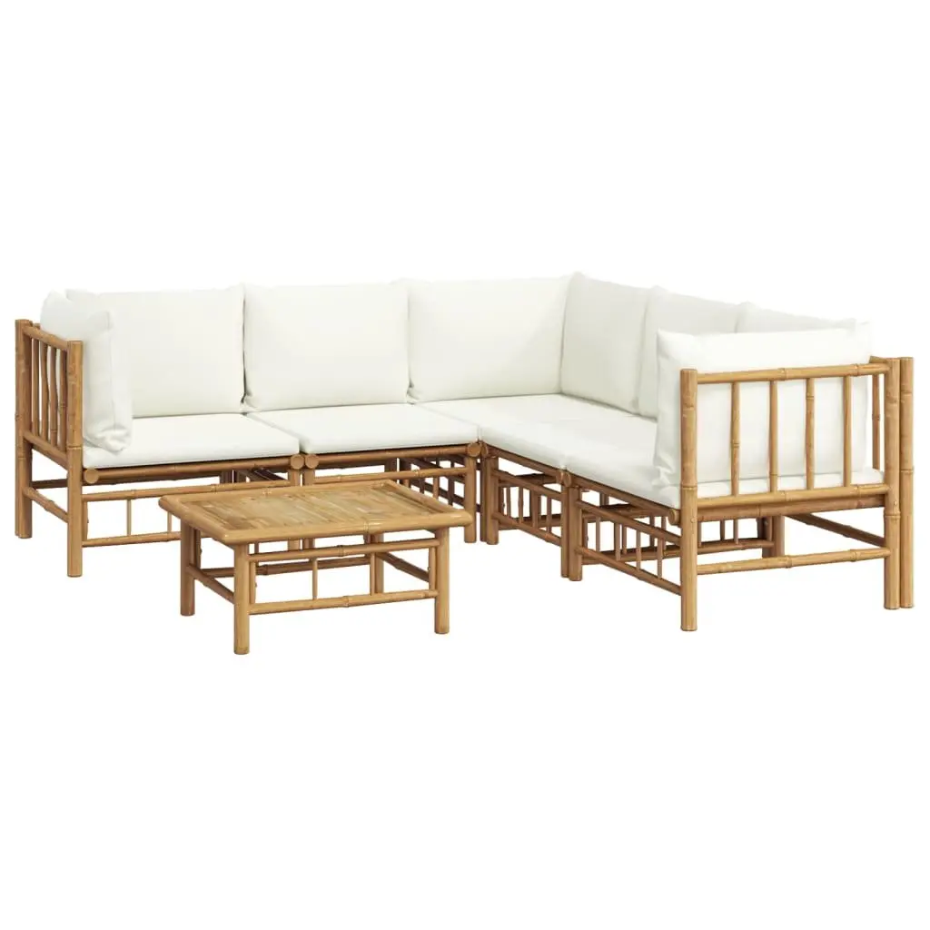 6 Piece Bamboo Garden Lounge Set Outdoor Furniture Brown with Cream Cushions